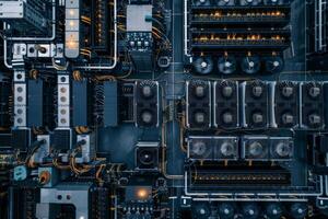 AI generated Overhead view capturing the complex layout of a sprawling data center during the evening hours. photo