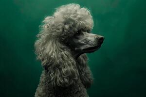 AI generated A standard poodle with perfect curls on a vibrant green background. photo