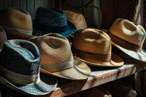 AI generated A row of colorful, handcrafted hats elegantly arranged on top of a rustic wooden table. photo