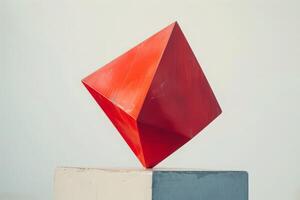 AI generated A vibrant red geometric sculpture perched elegantly on top of a pristine white block. photo