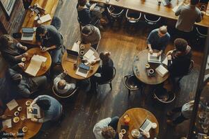 AI generated A diverse group of individuals engages in lively conversation and collaboration around a rustic wooden table in a bustling coffee shop scene. photo