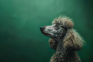AI generated A majestic standard poodle with perfect curls gazes up at the sky. photo