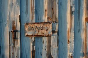 AI generated A weathered, rusted No Parking sign is attached to a wooden fence, standing as a reminder against unauthorized parking. photo