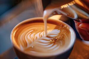 AI generated A baristas hand elegantly pours milk into a steaming cup of coffee, creating a mesmerizing swirl of colors and textures. photo