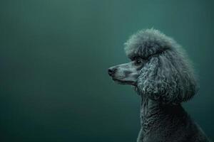 AI generated A regal standard poodle with immaculate curls sits gracefully in front of a vibrant green background. photo