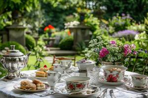 AI generated A table adorned with an assortment of cups and saucers in a charming and elegant setting, ready for a lovely afternoon tea affair. photo