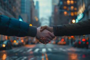 ai generado un cerca arriba Disparo capturar dos individuos sacudida manos en el medio de un bullicioso ciudad calle, un símbolo de unidad y acuerdo en medio de urbano caos. foto