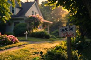 AI generated A vibrant house for sale sign stands proudly in front of a charming residential property surrounded by lush greenery. photo