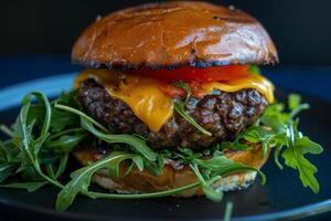 AI generated A gourmet cheeseburger with fresh lettuce and tomato, exquisitely presented on a sleek black plate. photo