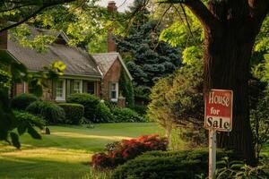 AI generated A home for sale sign beckons in front of a picturesque house nestled in a lush front yard. photo