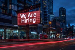 AI generated A colorful We are hiring sign stands out on a bustling city street, inviting passersby to consider a new career opportunity. photo