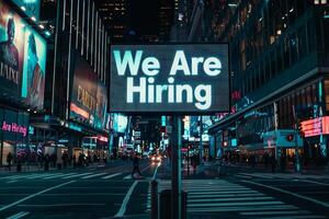 AI generated A sign stating We are Hiring displayed prominently on a bustling city street to attract potential job applicants. photo