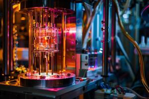 AI generated An isolated quantum computer hums softly in a secure, dimly-lit chamber, as mysterious calculations take place within its complex machinery. photo