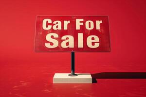 AI generated Bright red car for sale sign displayed on tabletop, catching attention with bold text. photo