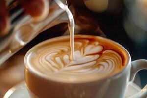 AI generated A baristas hand delicately pours milk into a cup of coffee, creating a mesmerizing swirl of cream and espresso. photo