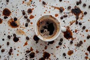 ai generado un visualmente estimulante escena se despliega como un humeante taza de café se sienta en medio de un mar de café frijoles en un mesa. foto