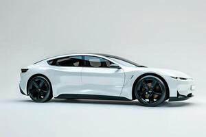 AI generated A white electric car featuring bold black wheels, set against a clean white backdrop. photo