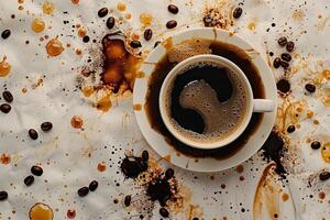 AI generated A steaming cup of coffee delicately perched on a wooden tabletop. photo