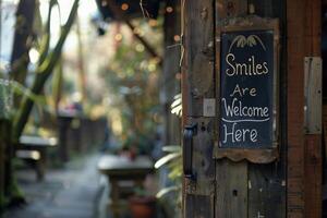 AI generated A rustic wooden sign proudly displaying the message Smiles Are Welcome Here in a warm and inviting gesture. photo