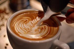 AI generated A baristas hand delicately pours milk into a cup of aromatic coffee, creating a mesmerizing swirl of contrasting colors and textures. photo