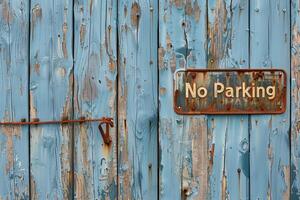 AI generated A weathered No Parking sign affixed to a wooden door, showcasing the passage of time and neglect. photo