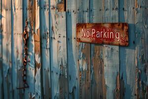 AI generated A weathered no parking sign clings to a wooden fence, rust seeping through its once authoritative facade. photo