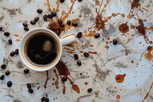 AI generated A hot cup of coffee rests on a wooden table, filled with steam rising delicately into the air. photo