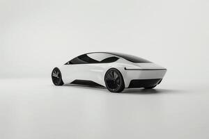 ai generado un pulcro blanco y negro eléctrico coche soportes fuera en contra un blanco fondo, exudando moderno elegancia y innovación. foto