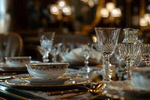 AI generated A beautifully adorned dining table displays an array of dishes and glasses, inviting guests to indulge in a culinary experience. photo