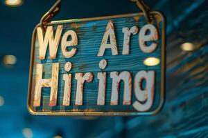 AI generated A We Are Hiring sign hangs from a hook, signaling a new opportunity for job seekers. photo