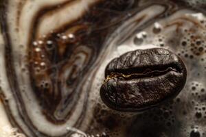 AI generated A single coffee bean rests on a rustic table, exhibiting its rich texture and aroma. photo