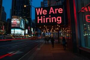 AI generated A vibrant sign reading We are hiring on the side of a bustling building, inviting job seekers to explore new opportunities. photo