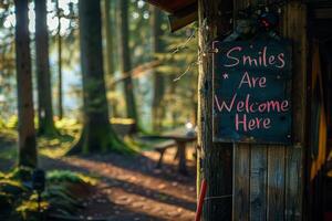 AI generated A charming wooden sign with the message Smiles Are Welcome Here hanging in a cozy setting. photo