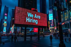 AI generated A billboard prominently displays the message We are hiring on a bustling city street, attracting potential candidates to apply for open job positions. photo