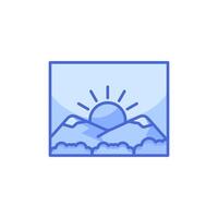 Mountain landscape icon logo with sun. Rectangular abstract icon of sunset or sunrise. Simple vector emblem, isolated on white background.