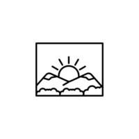 Mountain landscape icon logo with sun. Rectangular abstract icon of sunset or sunrise. Simple vector emblem, isolated on white background.