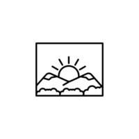 Mountain landscape icon logo with sun. Rectangular abstract icon of sunset or sunrise. Simple vector emblem, isolated on white background.