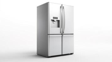 ai generado mantener tu comida fresco, eficiente y elegante moderno plata refrigerador en blanco fondo, generativo ai foto