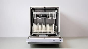 AI generated From Dirty to Immaculate, Isolated Open Dishwasher with Clean Dishes, Generative AI photo