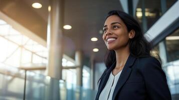 AI generated Confident Business Woman, Smiling and Striding through the Office Building, Generative AI photo
