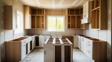 AI generated Compact and Modern, Small Kitchen Construction or Renovation in a New House, Generative AI photo