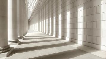 ai generado un camino de luz, luz de sol y oscuridad en un blanco largo corredor con columnas, generativo ai foto