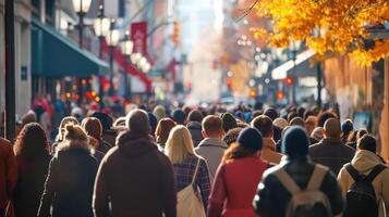 ai generado concurrido ciudad ambiente, multitud de personas en el ciudad yendo acerca de su negocio, generativo ai foto