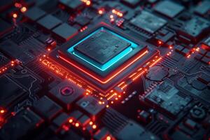 AI generated A close-up of a computer processor illuminated by vibrant red and blue lights, showcasing its intricate design and futuristic aesthetics. photo