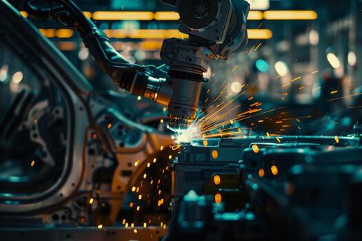 AI generated A robotic arm meticulously welds a cars chassis, sending sparks flying in an orchestrated dance of technology and industry. photo