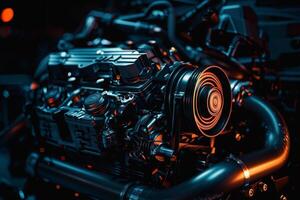 AI generated Close up of a sleek car engine, illuminated in the dark, showcasing intricate details and powerful energy. photo