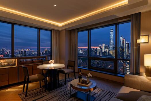 ai generado un prodigar vivo espacio adornado con un formación de mueble y presentando grande ventanas ofrecimiento un pintoresco vista. foto