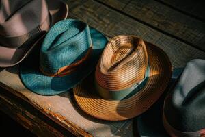 AI generated Handcrafted hats of various styles and colors arranged on a wooden table, showcasing craftsmanship and creativity. photo