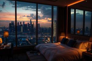 ai generado un lujoso hotel habitación con un expansivo ver de el ciudad a noche, con centelleo luces y rascacielos visible mediante grande ventanas foto