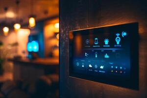 AI generated A smart home control panel glowing softly on the wall of a restaurant, overseeing the culinary operations with precision and finesse. photo